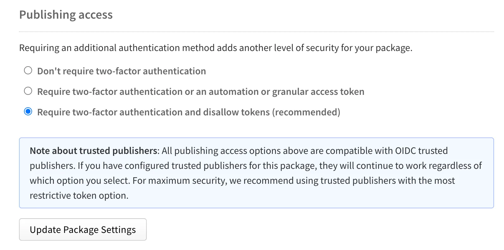 npm Publishing access settings